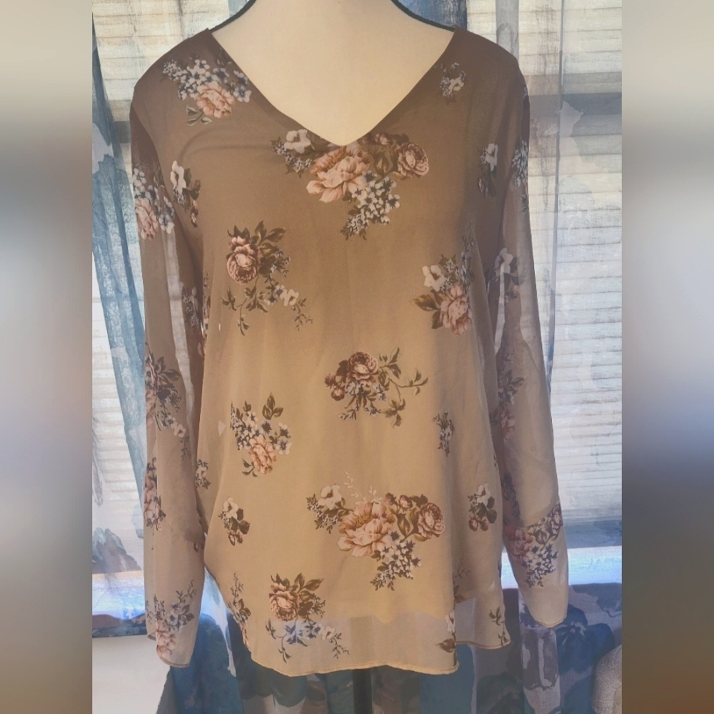 Floral V-Neck Sheer Blouse - Brown
